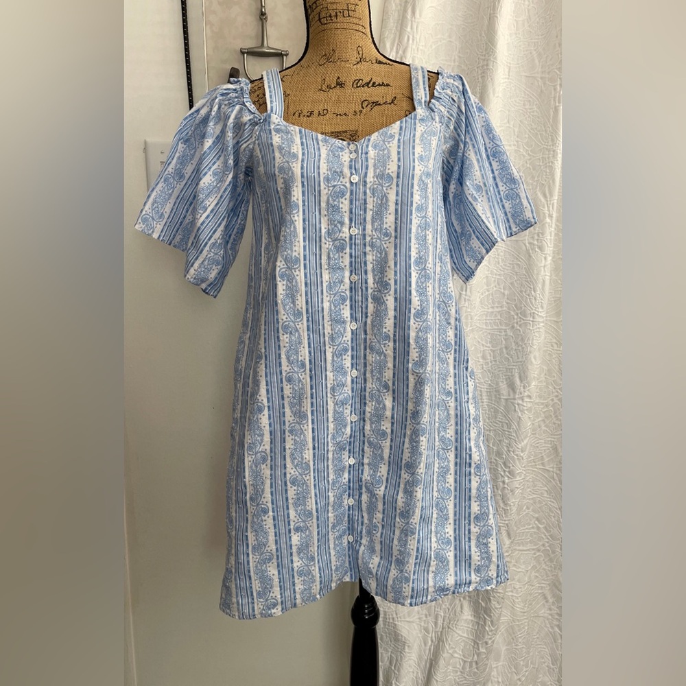 Claudie Pierlot White & Blue Paisley Print Embroidered Cotton Dress Size 6 EU 38